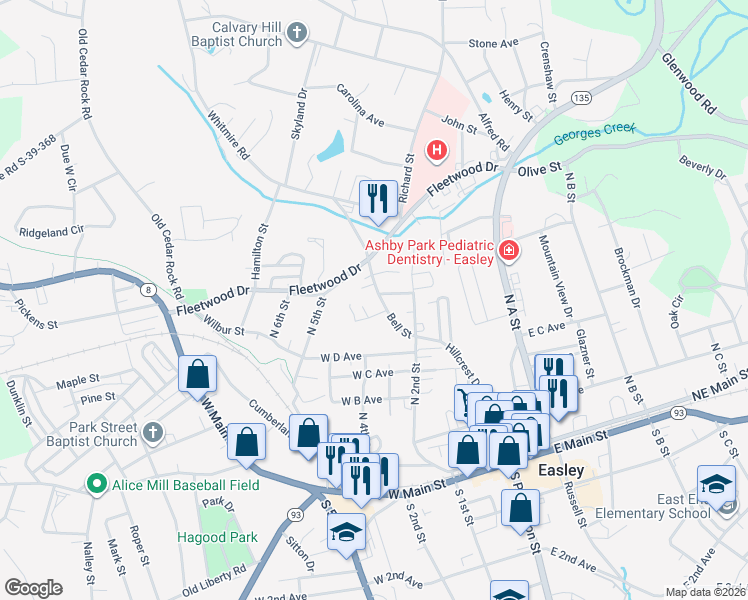 map of restaurants, bars, coffee shops, grocery stores, and more near 207 Hillcrest Drive in Easley