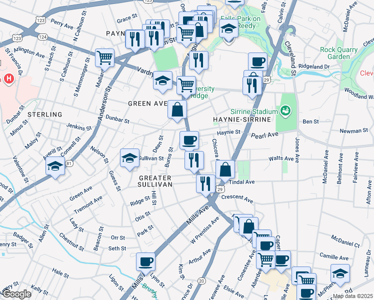 map of restaurants, bars, coffee shops, grocery stores, and more near 712 Augusta Street in Greenville