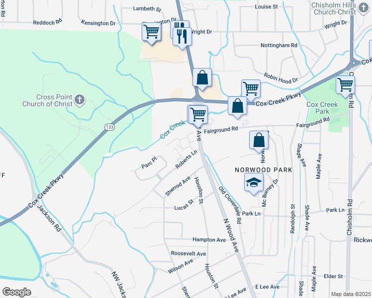 map of restaurants, bars, coffee shops, grocery stores, and more near 2374 Roberts Lane in Florence