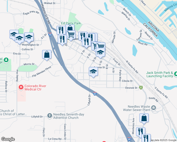 map of restaurants, bars, coffee shops, grocery stores, and more near 412 D Street in Needles