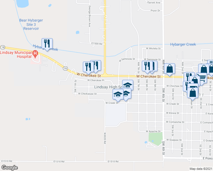 map of restaurants, bars, coffee shops, grocery stores, and more near 914 West Choctaw Street in Lindsay
