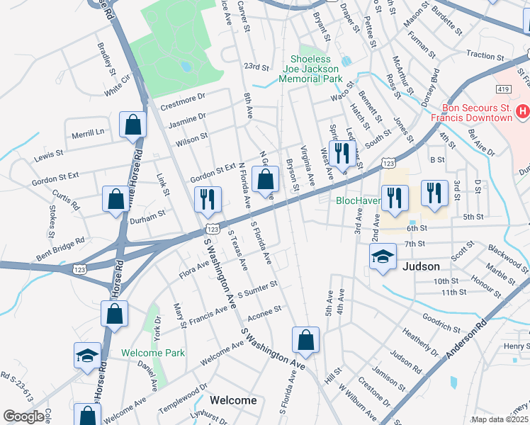 map of restaurants, bars, coffee shops, grocery stores, and more near 1507b Easley Bridge Road in Greenville