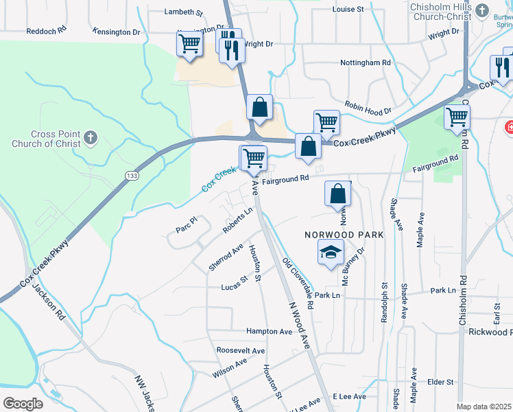 map of restaurants, bars, coffee shops, grocery stores, and more near 2374 Roberts Lane in Florence