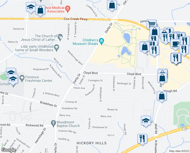 map of restaurants, bars, coffee shops, grocery stores, and more near 2429 Dunbrooke Street in Florence