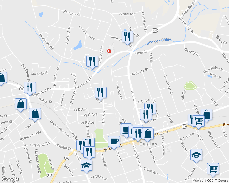 map of restaurants, bars, coffee shops, grocery stores, and more near 122 Harlem Street in Easley