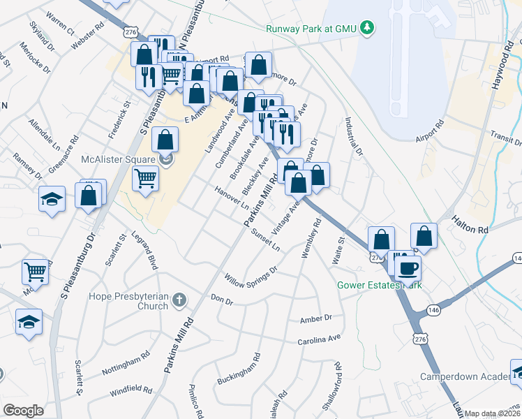 map of restaurants, bars, coffee shops, grocery stores, and more near 123 Parkins Mill Road in Greenville