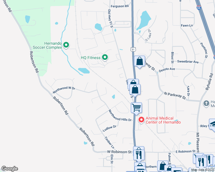 map of restaurants, bars, coffee shops, grocery stores, and more near 712 Timber Creek Drive North in Hernando