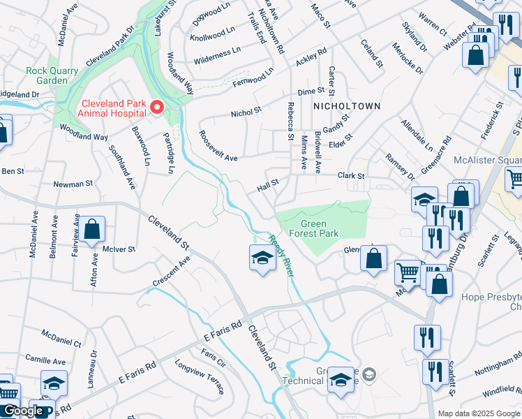 map of restaurants, bars, coffee shops, grocery stores, and more near 5 Colorado Street in Greenville