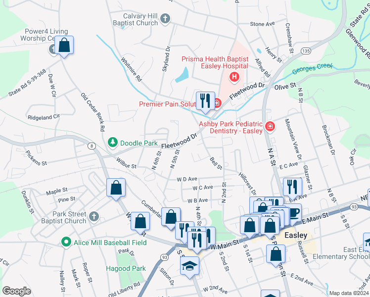 map of restaurants, bars, coffee shops, grocery stores, and more near 238 North 5th Street in Easley