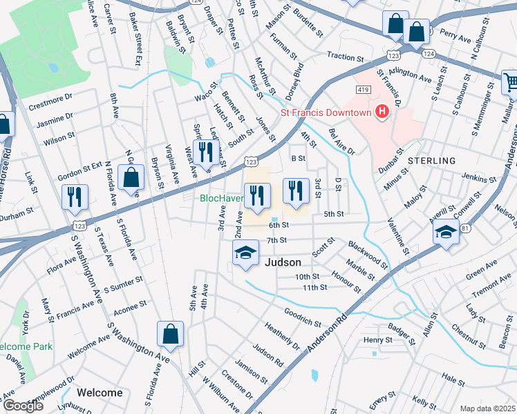 map of restaurants, bars, coffee shops, grocery stores, and more near 701 Easley Bridge Road in Greenville