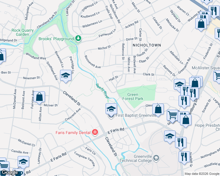 map of restaurants, bars, coffee shops, grocery stores, and more near 5 Colorado Street in Greenville
