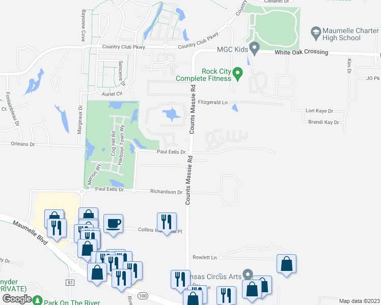 map of restaurants, bars, coffee shops, grocery stores, and more near Paul Eels Drive in North Little Rock