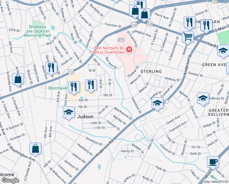 map of restaurants, bars, coffee shops, grocery stores, and more near E Street in Greenville