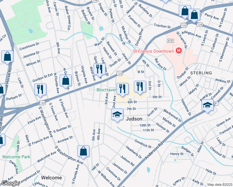 map of restaurants, bars, coffee shops, grocery stores, and more near 919 2nd Avenue in Greenville