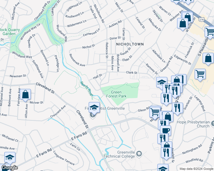 map of restaurants, bars, coffee shops, grocery stores, and more near 114 Hilton Street in Greenville