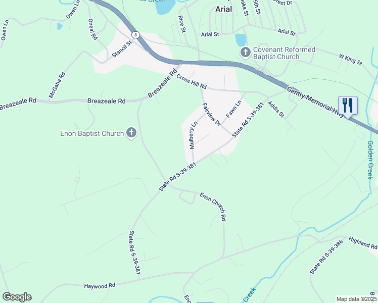 map of restaurants, bars, coffee shops, grocery stores, and more near 119 Mulberry Lane in Easley