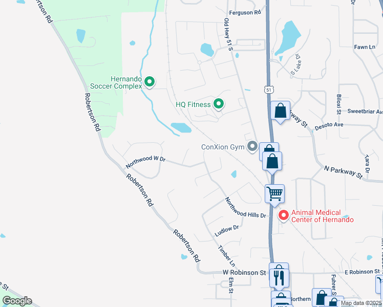 map of restaurants, bars, coffee shops, grocery stores, and more near 738 Northwood West Cove in Hernando
