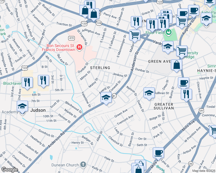 map of restaurants, bars, coffee shops, grocery stores, and more near 206 Averill Street in Greenville