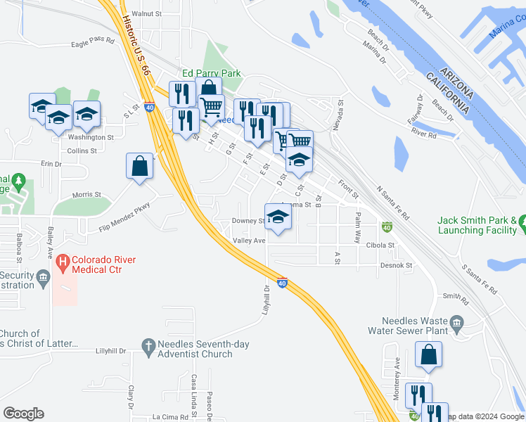 map of restaurants, bars, coffee shops, grocery stores, and more near 406 D Street in Needles