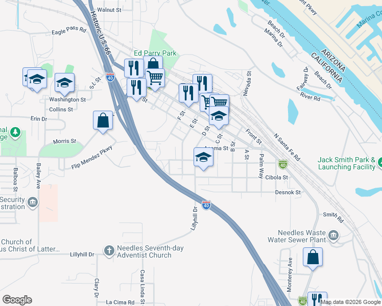 map of restaurants, bars, coffee shops, grocery stores, and more near 406 D Street in Needles