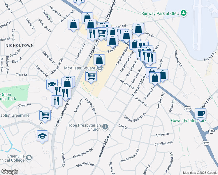 map of restaurants, bars, coffee shops, grocery stores, and more near 54 Maydell Avenue in Greenville