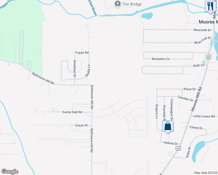 map of restaurants, bars, coffee shops, grocery stores, and more near 873 Baltimore Hill Road in Huntsville