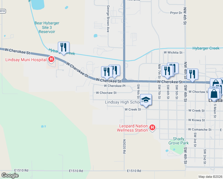 map of restaurants, bars, coffee shops, grocery stores, and more near 921 West Cherokee Street in Lindsay