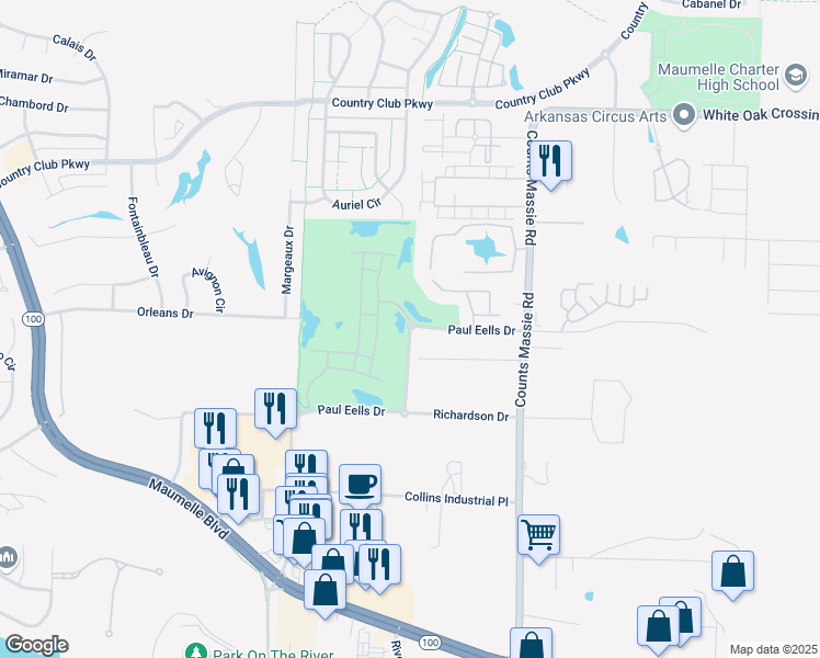 map of restaurants, bars, coffee shops, grocery stores, and more near 10805 Paul Eells Drive in Maumelle