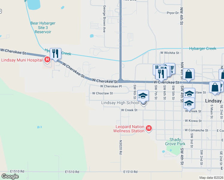 map of restaurants, bars, coffee shops, grocery stores, and more near 921 West Cherokee Street in Lindsay