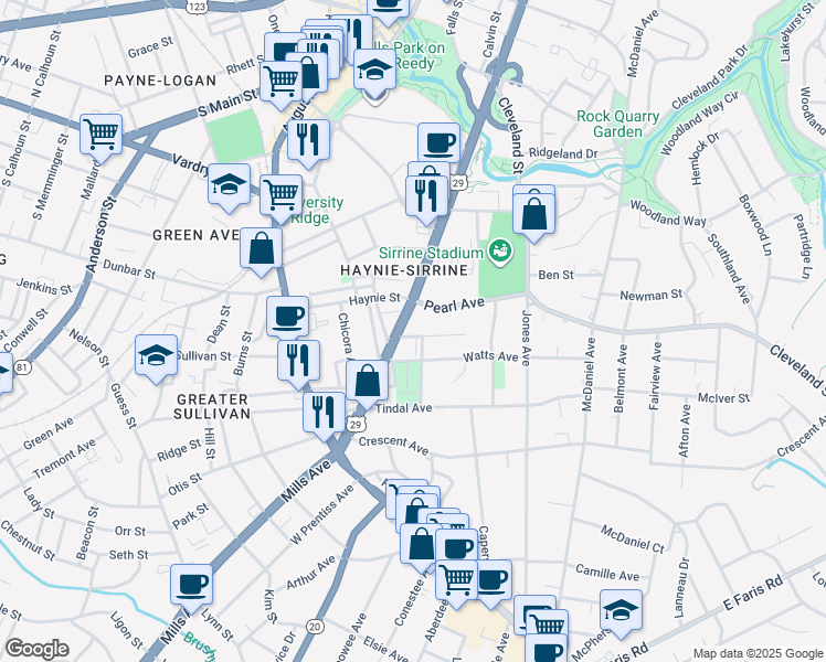 map of restaurants, bars, coffee shops, grocery stores, and more near 1001 South Church Street in Greenville