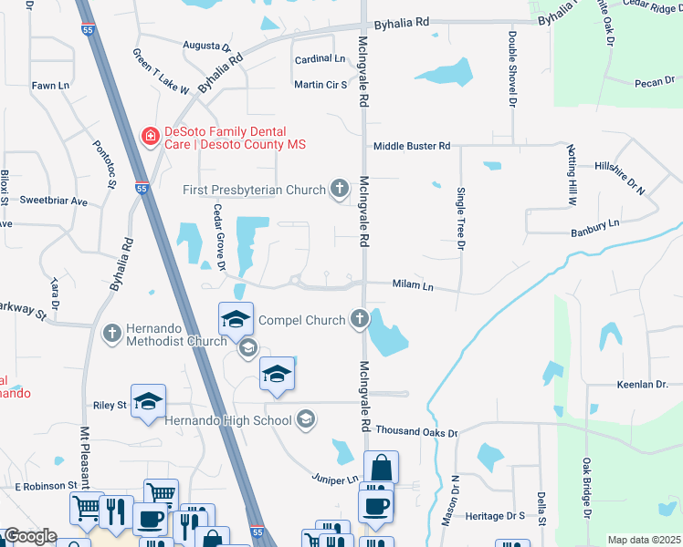 map of restaurants, bars, coffee shops, grocery stores, and more near 1677 Cedar Trail Cove in Hernando
