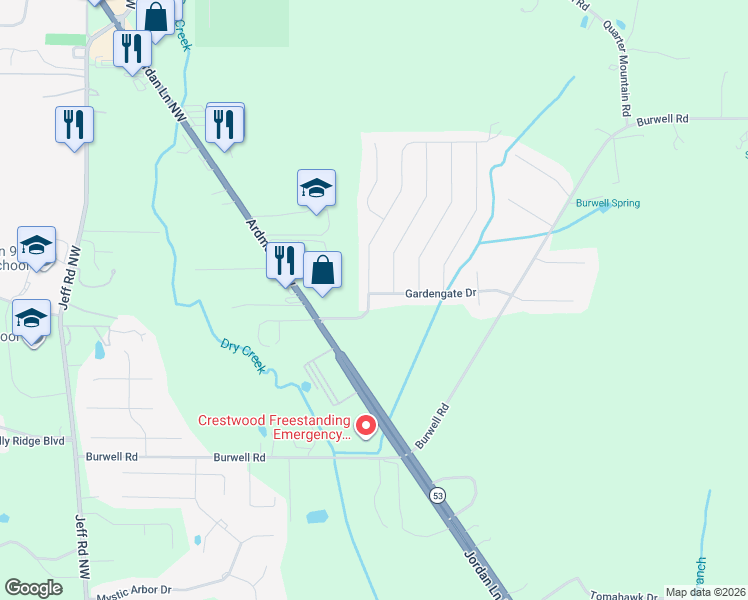 map of restaurants, bars, coffee shops, grocery stores, and more near 164 Gardengate Drive in Harvest