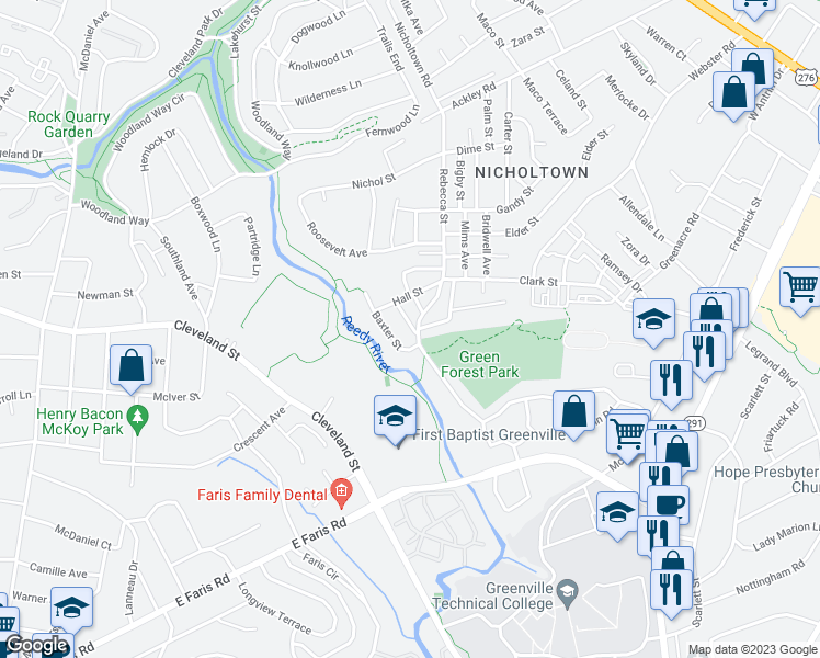 map of restaurants, bars, coffee shops, grocery stores, and more near 5 Colorado Street in Greenville