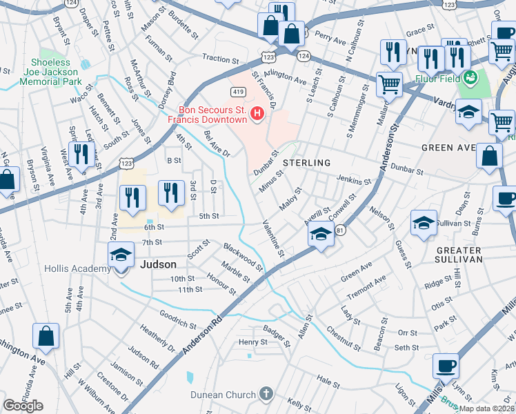 map of restaurants, bars, coffee shops, grocery stores, and more near 115 Valentine Street in Greenville
