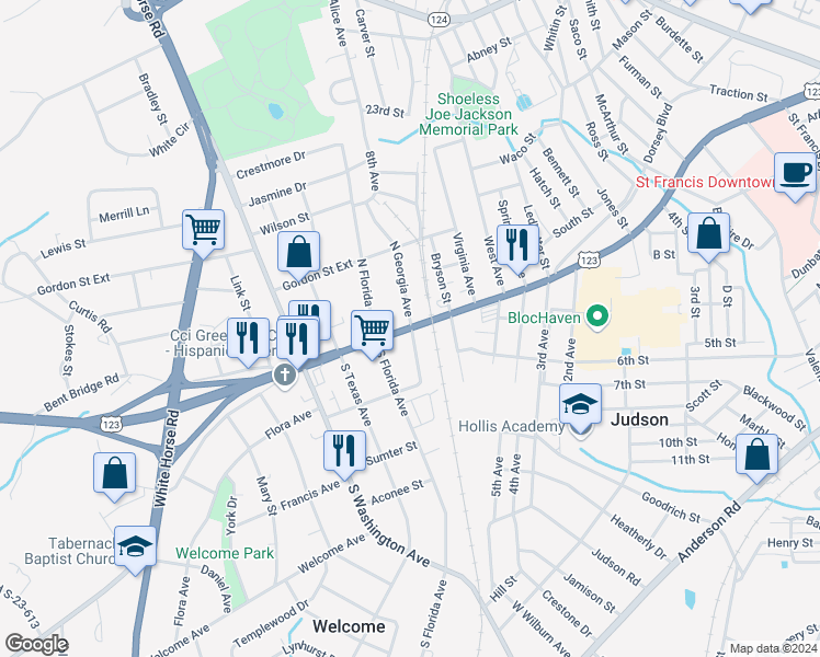 map of restaurants, bars, coffee shops, grocery stores, and more near 1507b Easley Bridge Road in Greenville
