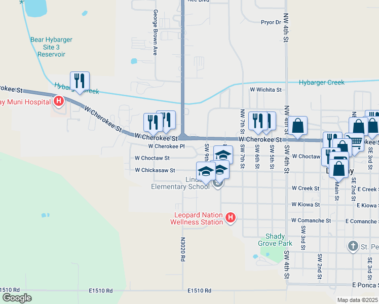 map of restaurants, bars, coffee shops, grocery stores, and more near 914 West Choctaw Street in Lindsay