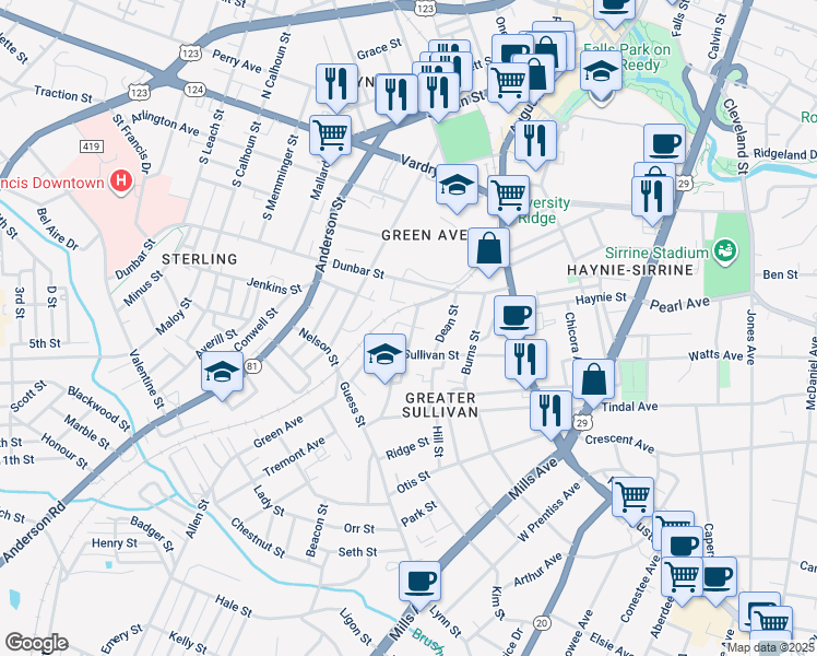 map of restaurants, bars, coffee shops, grocery stores, and more near 12 Trotter Street in Greenville