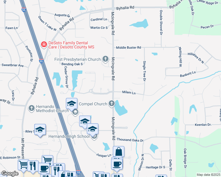 map of restaurants, bars, coffee shops, grocery stores, and more near 1674 Cedar Trail Cove in Hernando