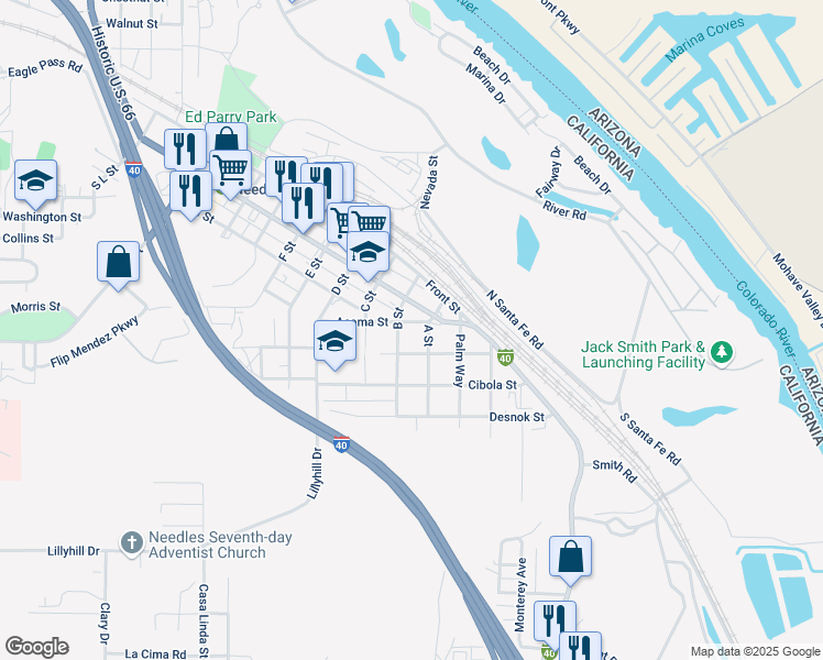 map of restaurants, bars, coffee shops, grocery stores, and more near 415 Acoma Street in Needles