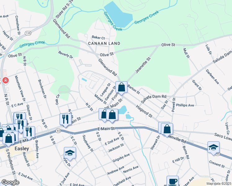 map of restaurants, bars, coffee shops, grocery stores, and more near 209 Front Street in Easley