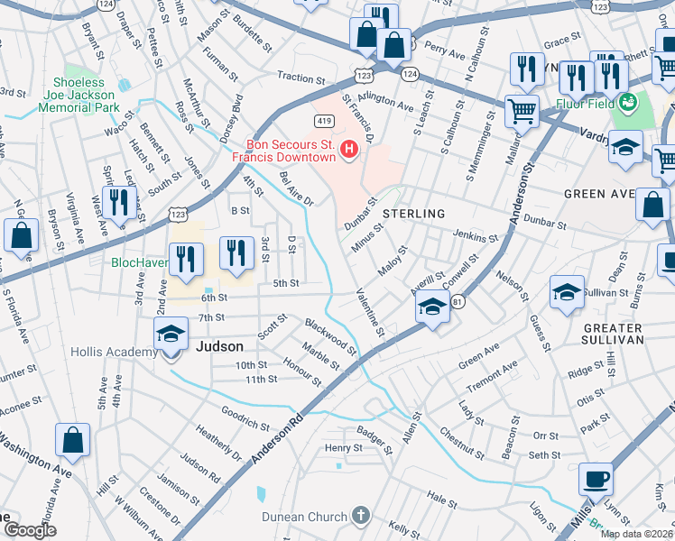 map of restaurants, bars, coffee shops, grocery stores, and more near 115 Valentine Street in Greenville