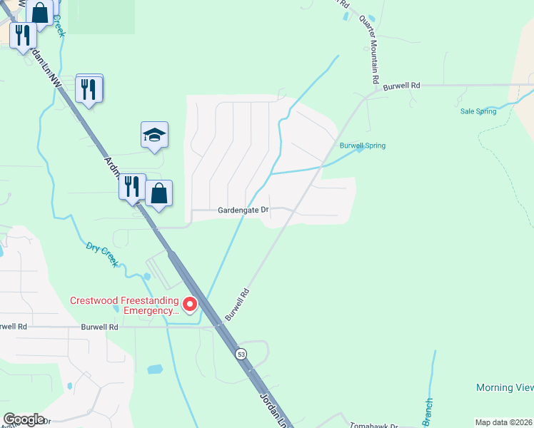 map of restaurants, bars, coffee shops, grocery stores, and more near 114 Gardengate Drive in Harvest