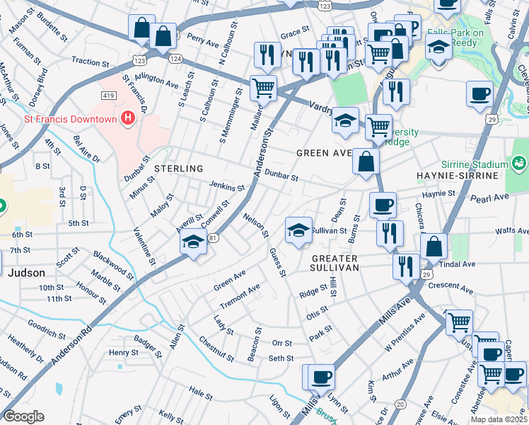 map of restaurants, bars, coffee shops, grocery stores, and more near 614 Green Avenue in Greenville
