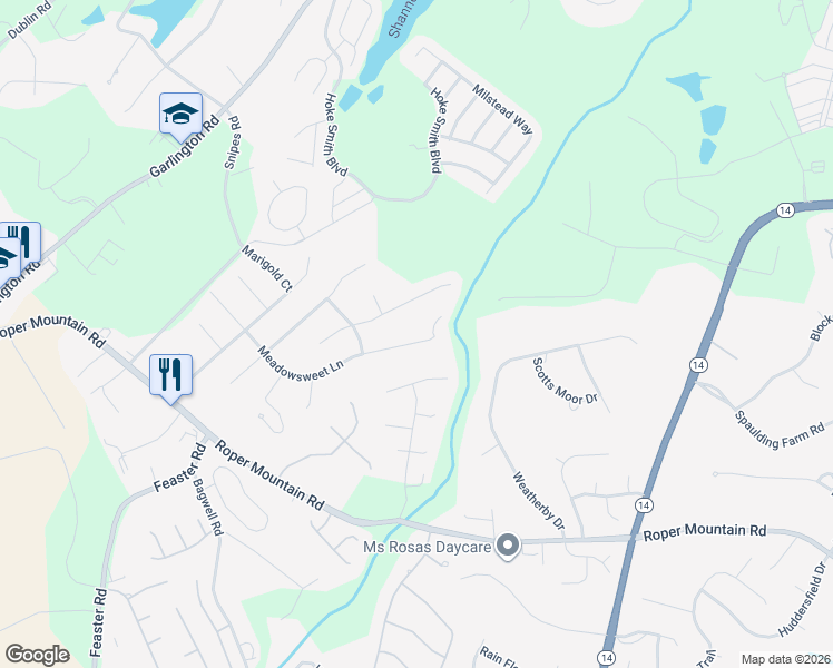 map of restaurants, bars, coffee shops, grocery stores, and more near 523 Meadowsweet Lane in Greenville