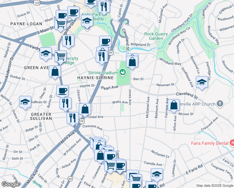 map of restaurants, bars, coffee shops, grocery stores, and more near 128 Biltmore Drive in Greenville