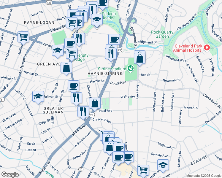 map of restaurants, bars, coffee shops, grocery stores, and more near 1001 South Church Street in Greenville