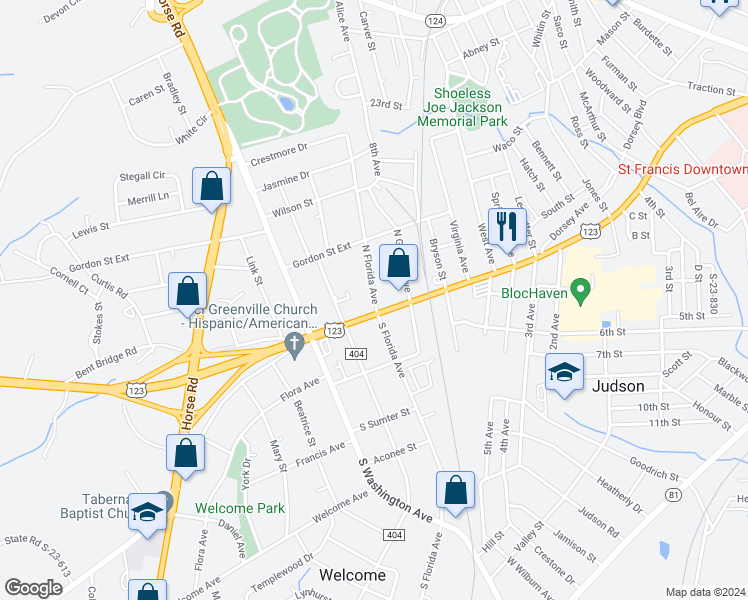 map of restaurants, bars, coffee shops, grocery stores, and more near 1 North Florida Avenue in Greenville