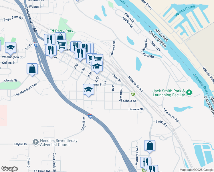 map of restaurants, bars, coffee shops, grocery stores, and more near 419 Acoma Street in Needles
