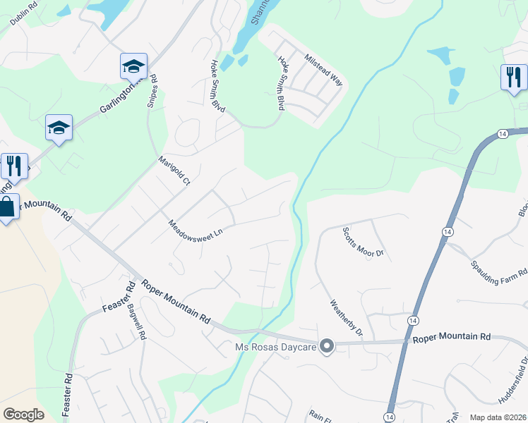 map of restaurants, bars, coffee shops, grocery stores, and more near 523 Meadowsweet Lane in Greenville