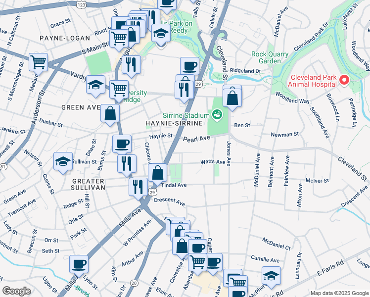 map of restaurants, bars, coffee shops, grocery stores, and more near 1001 South Church Street in Greenville
